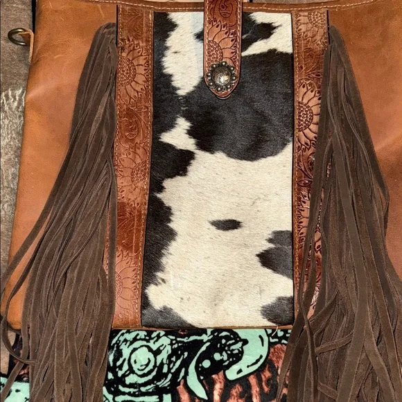 MYRA EUC Brown and Tan Fringe Leather Bag - Picture 2 of 9